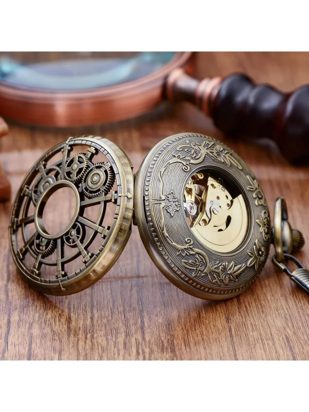 Men's Brown Vintage Style Hollow-Out Round Gear Arabic Mechanical Pocket Watch